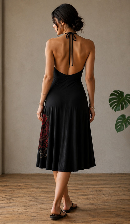 Y2K Harley-Davidson Black Label Halter Dress Rhinestone Rose Graphic Moto Sz M