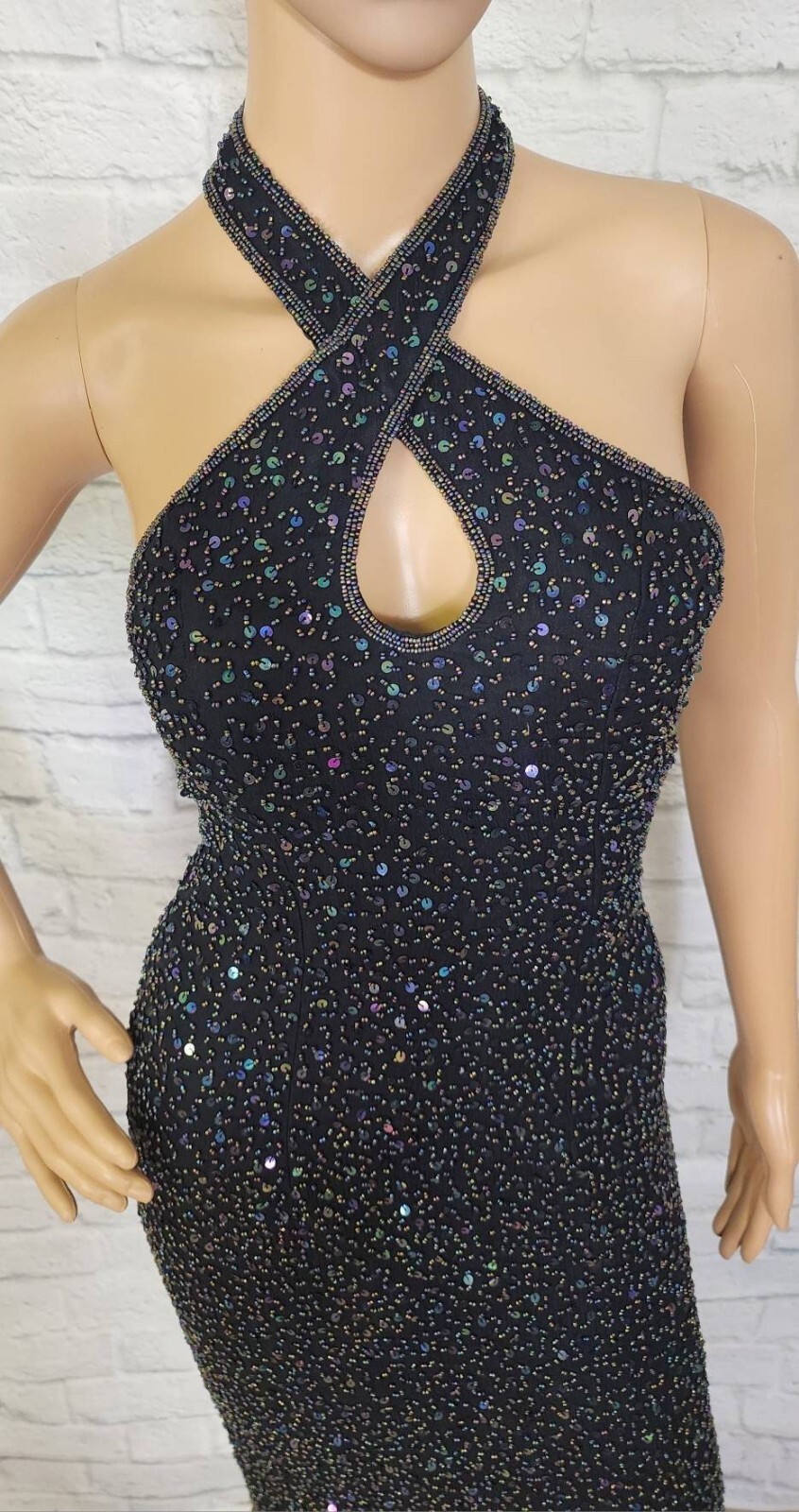 Vintage 90s keyhole halter Gown black Beading Column Evening Formal Size XS