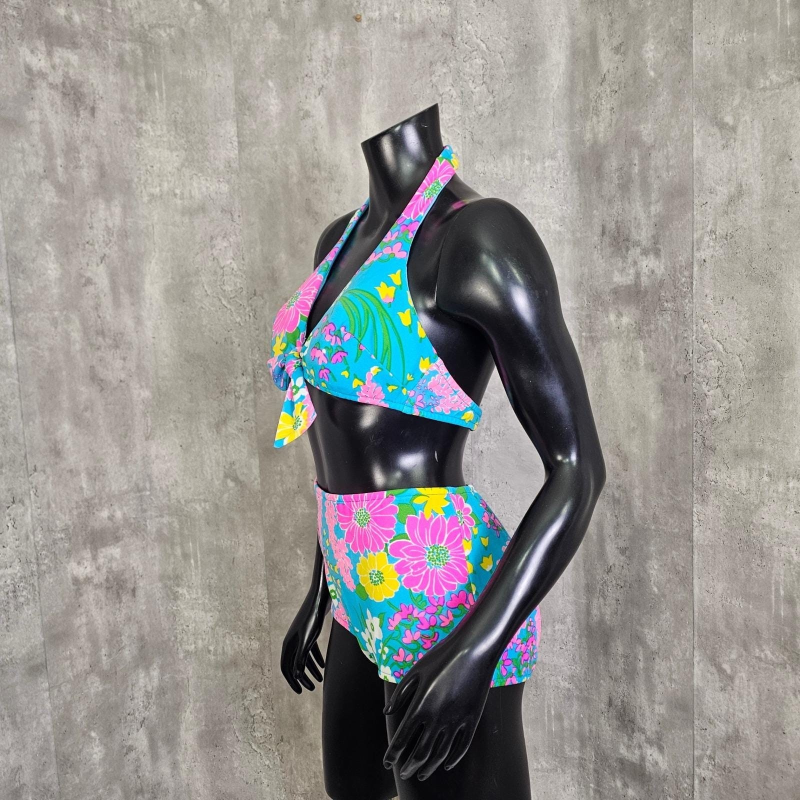 Vintage 70s Parform Originals Floral Bikini Tiki High Waist S Malibu Mod