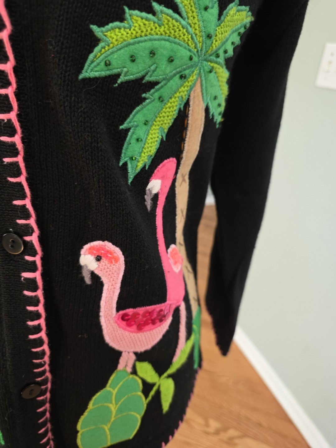 90s Vintage The Quacker Factory Embroidered Beaded Flamingo Cardigan Womens s