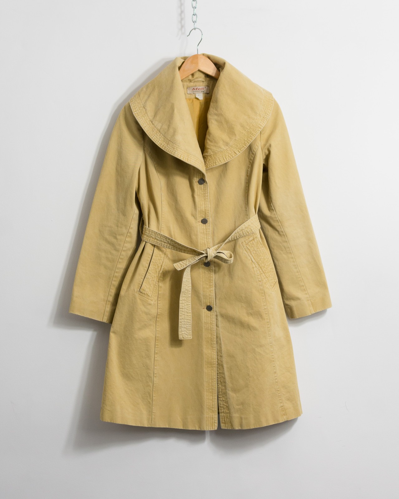 Vintage Denim Trench Coat Sand Wash Belted Tailored Fit L