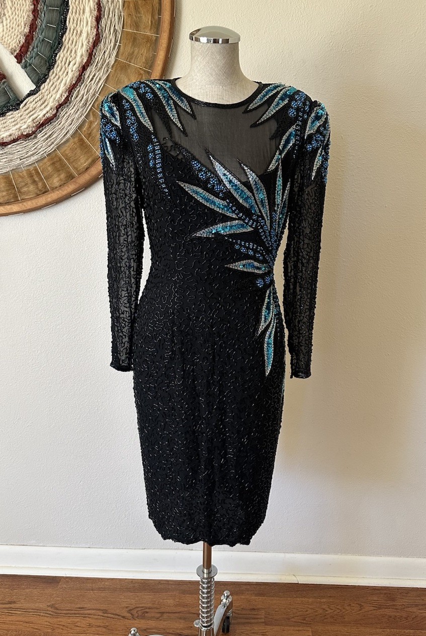 Vintage 90s AJ Bari black Beaded Sequin Silk Dress Glamour Holiday Woman’s 6