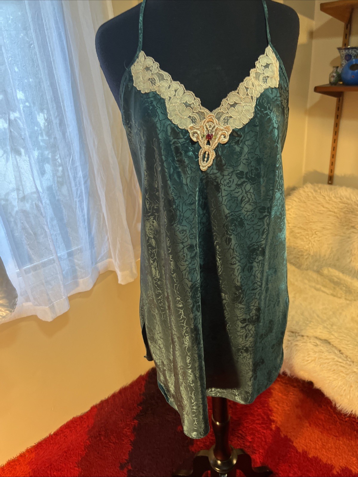 Vtg 80’s Angelique Satin Slip Dress Nightgown Forest Green Brocade Large USA