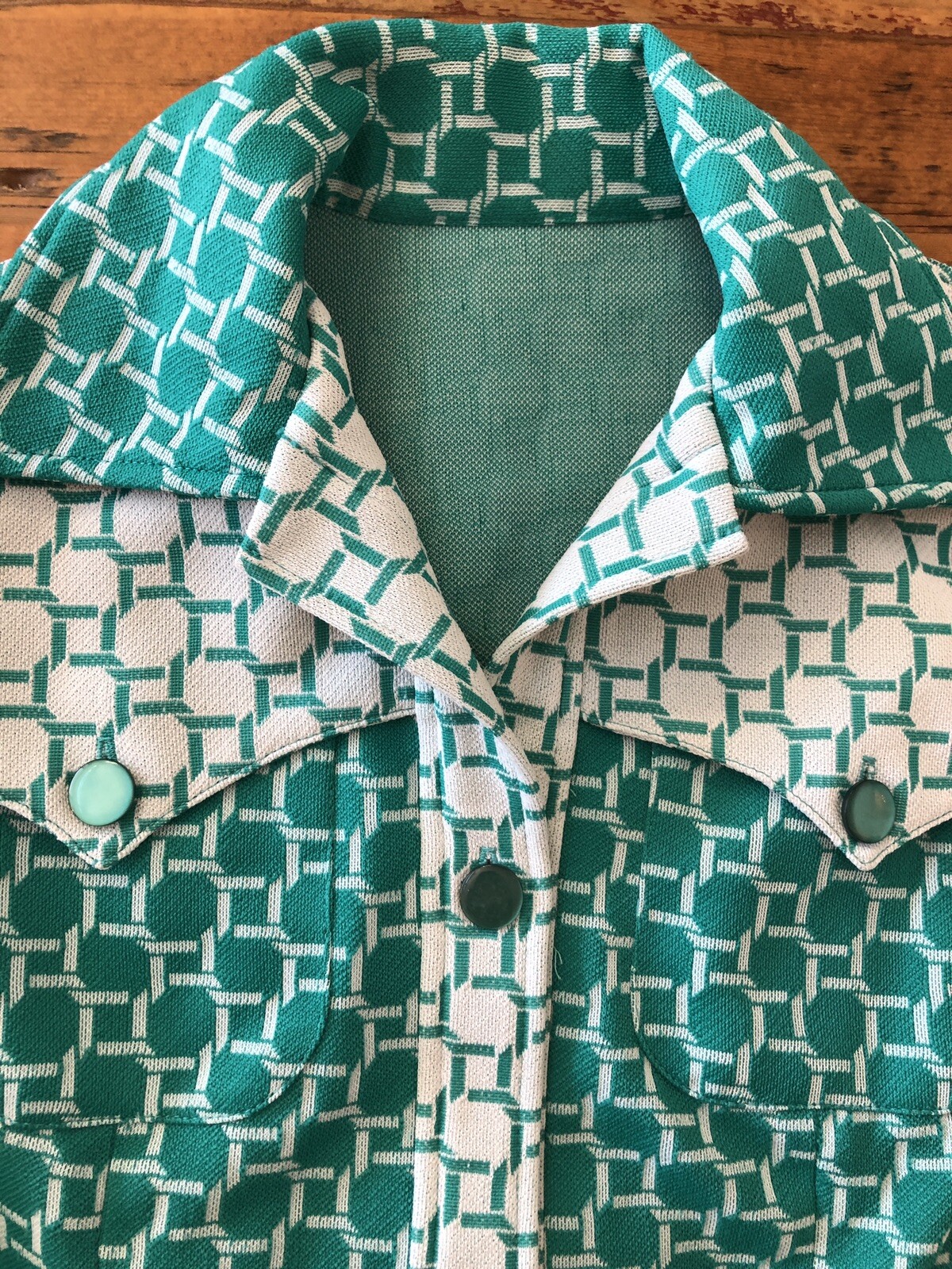 Vintage 60s 70s Panhandle Slim Womens Size 12 Western Shirt Green & White Links