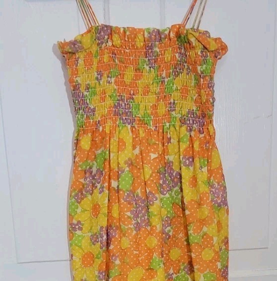 70s VTG Floral Smocked Maxi Dress Yellow Orange Flower Power Spaghetti Straps SM
