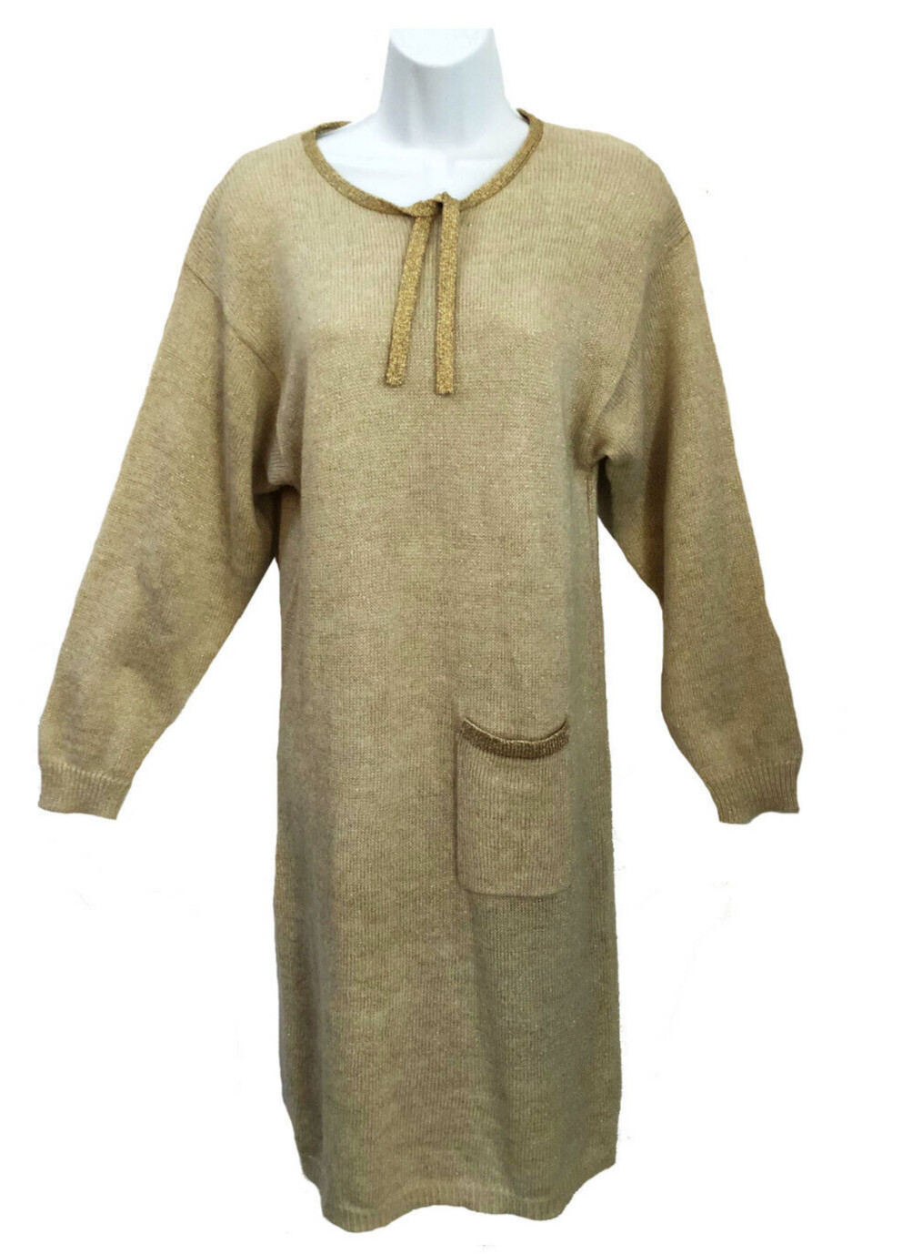 Halston III VTG 70s Pale Beige metallic Gold Trim Sweater Sheath Chic Dress M