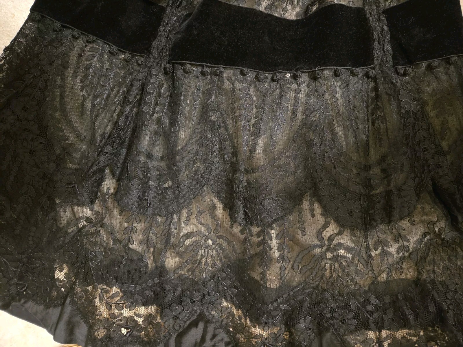 Edwardian Black Chantilly Lace Tassels & Velvet Trim Gown