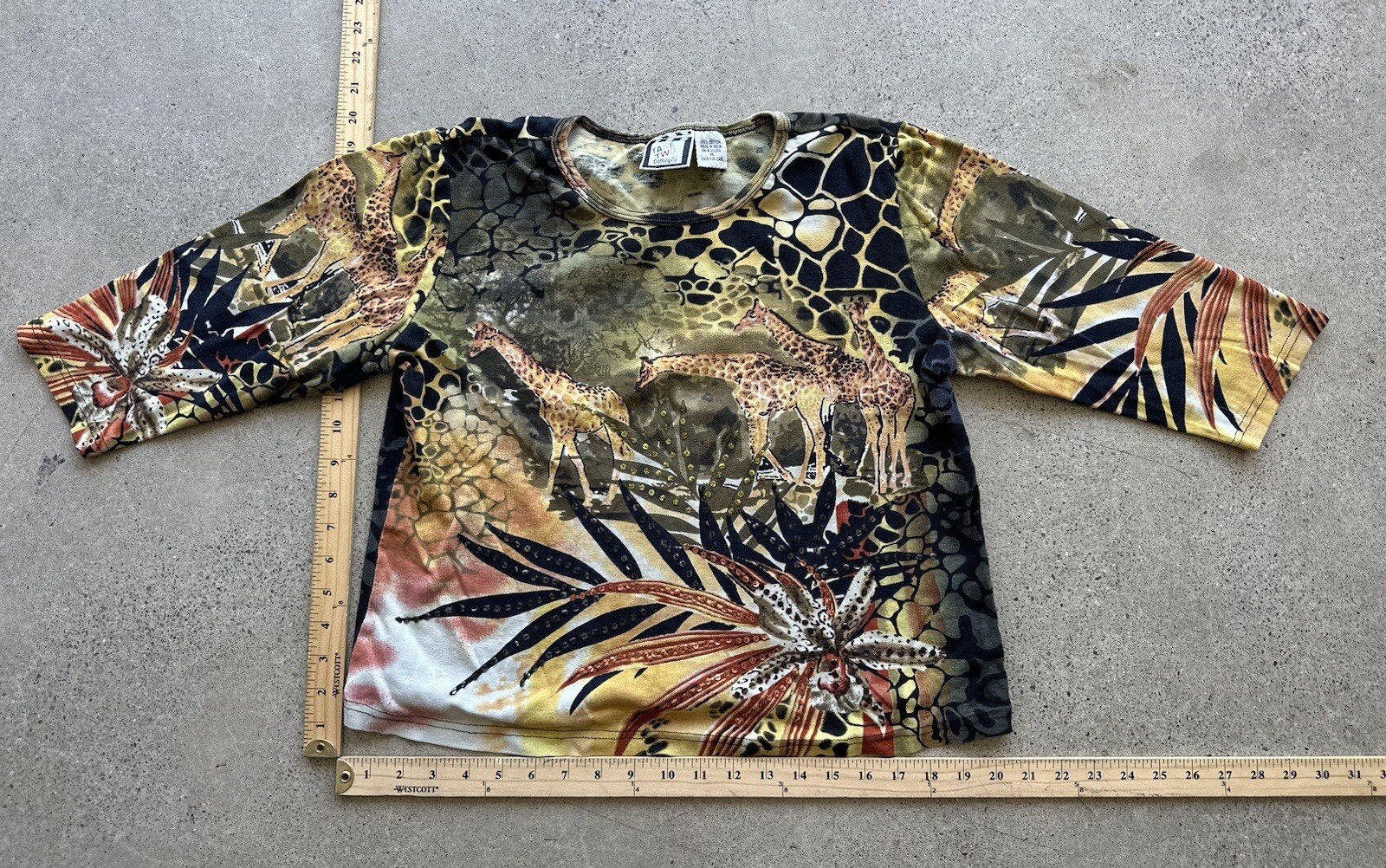 Vintage Y2K Take Two Abstract Giraffe Animal Print Sequin 3/4 Sleeve Top Size M