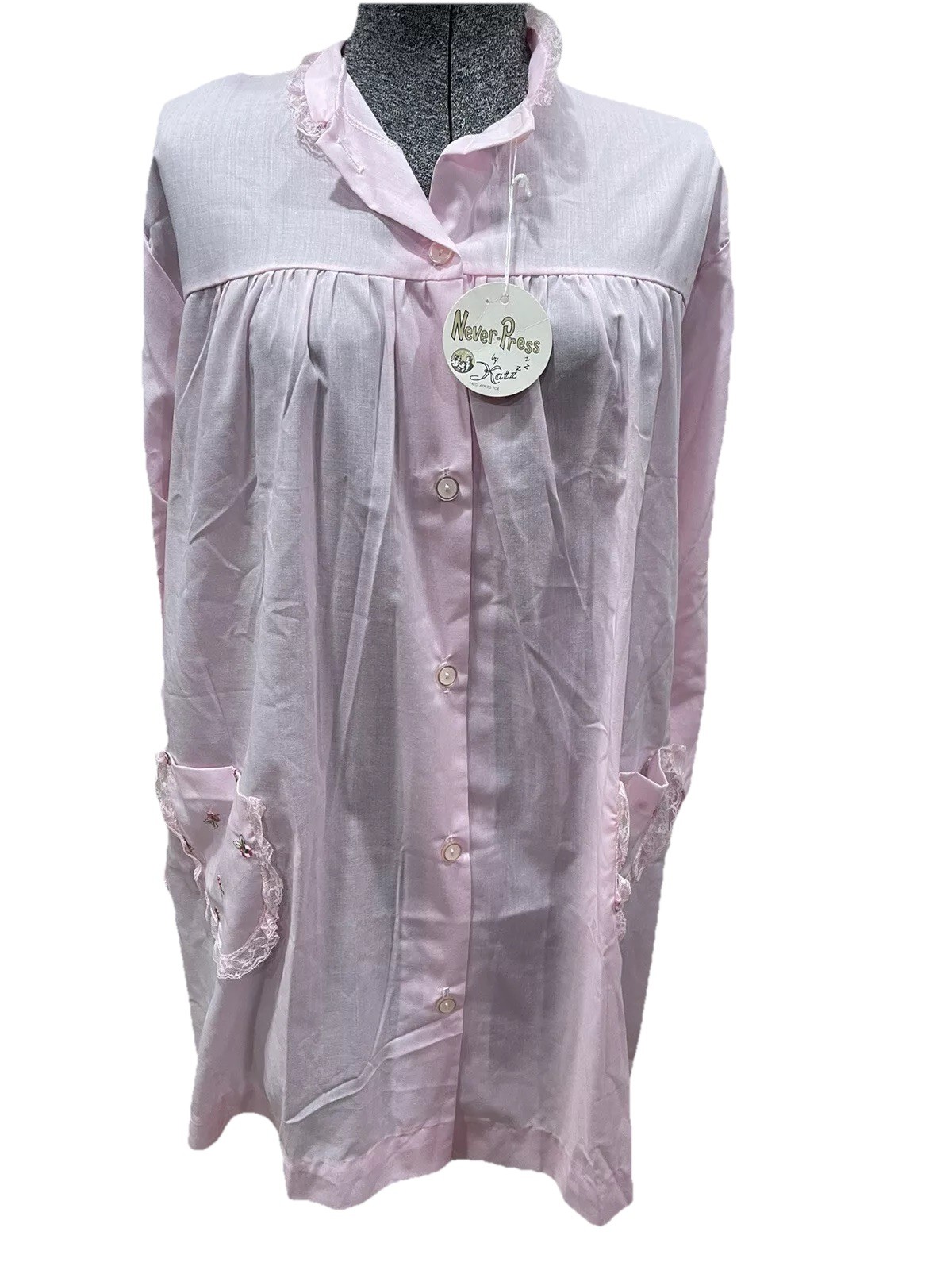 Vintage Katz Coat Never Press-NWT-NOS-baby Pink-embroidered Flowers-vtg Medium
