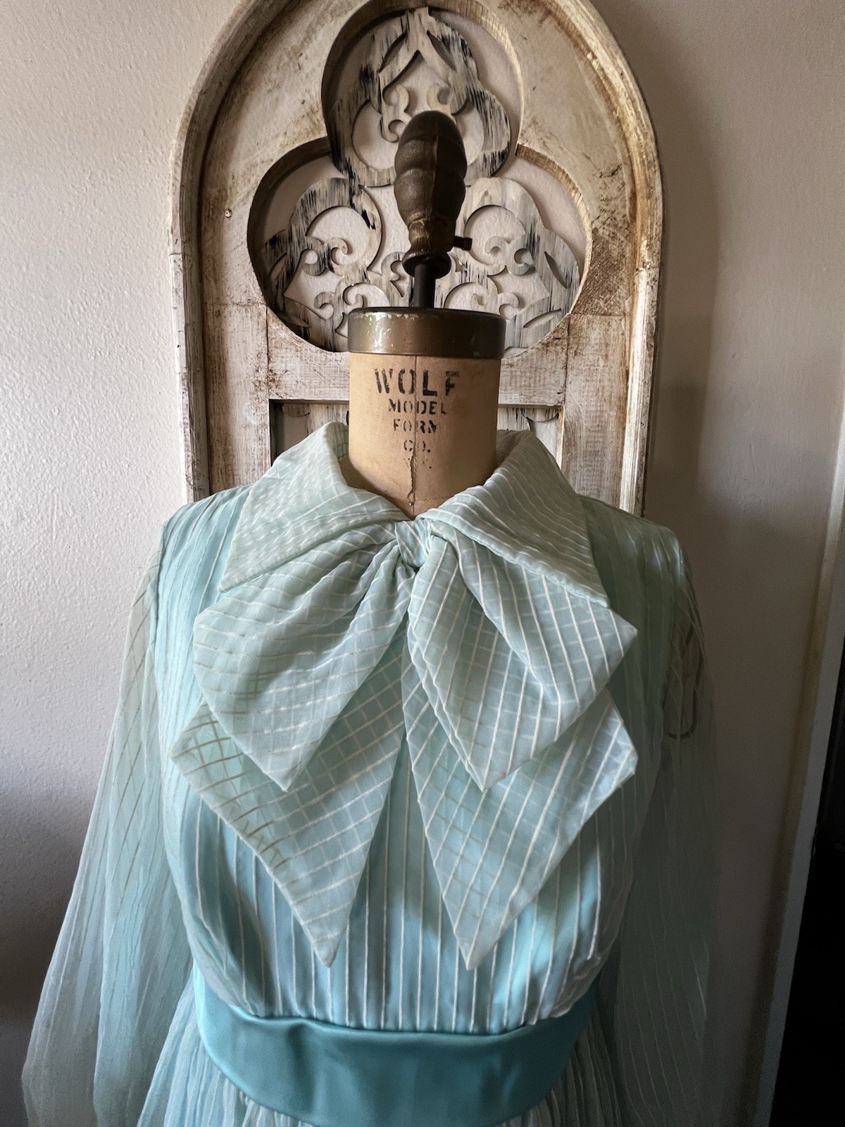 1960s-1970s Chiffon Maxi Dress Collared Long Sleeve Bow Front Handmade