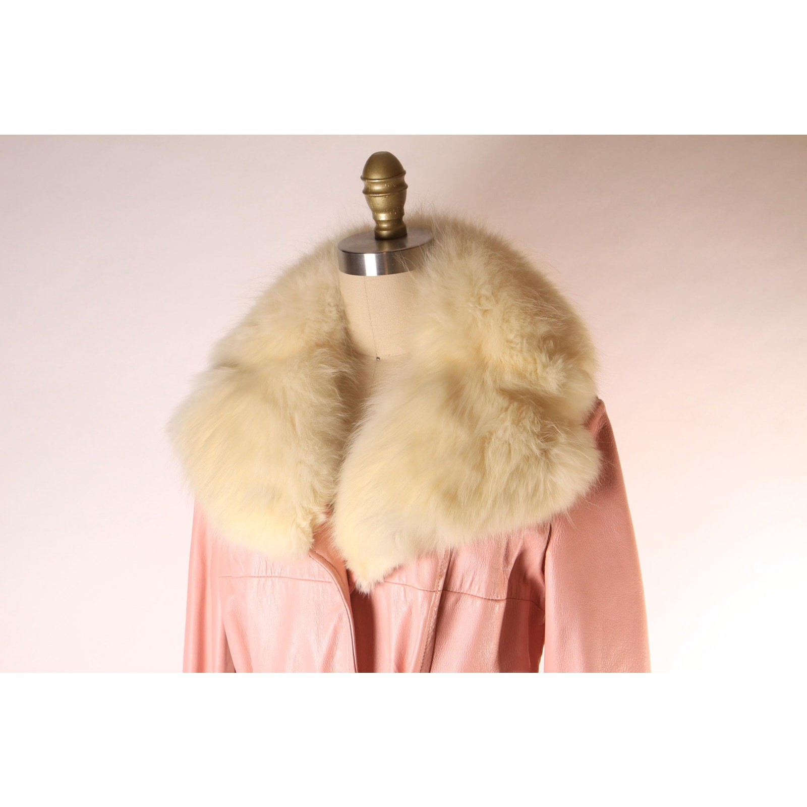 1970s Pink Leather Cream Fox Fur Trench Coat by New England Sportswear Company