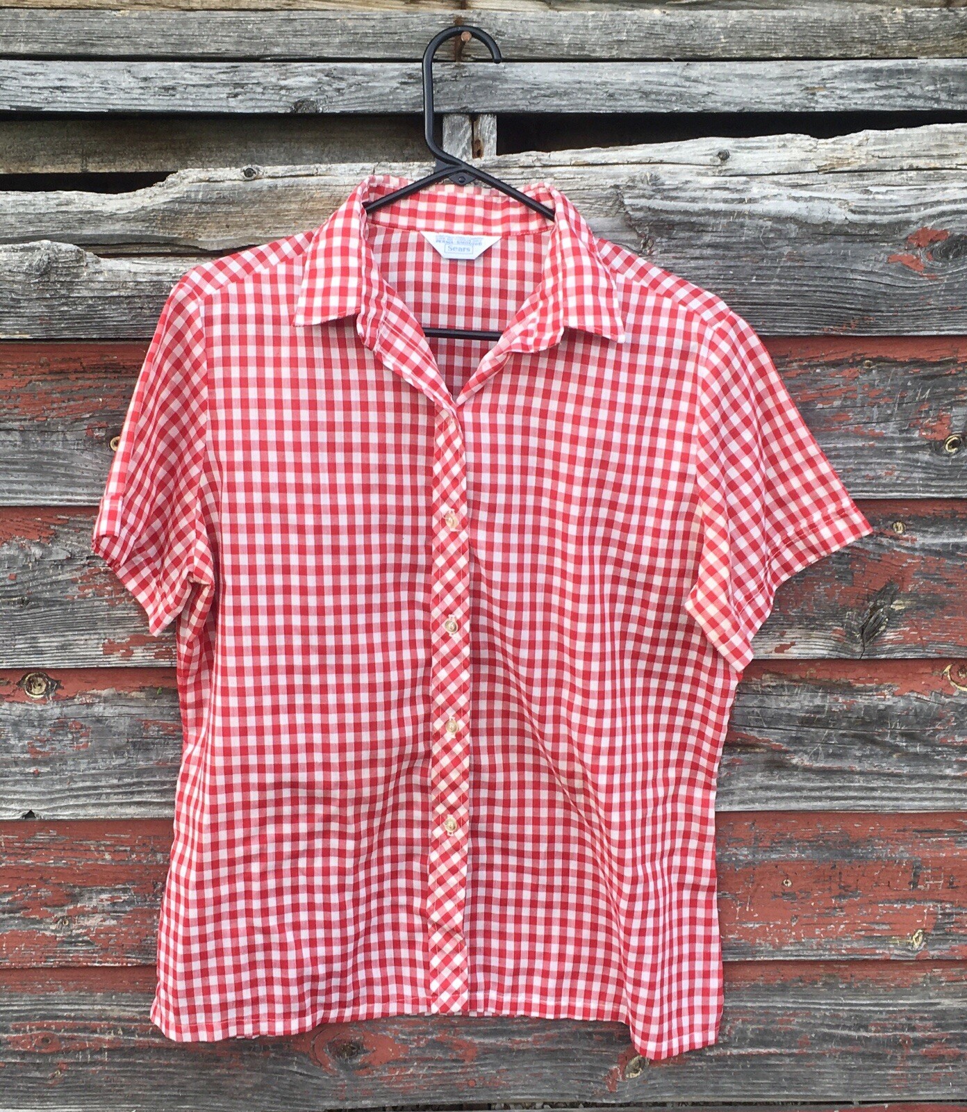 Vintage SEARS Perma-Smooth Red Checkers M Button Up Shirt Blouse Rockabilly Nice
