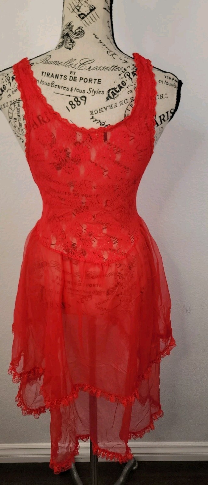 Vtg Stroke of Midnight Red Chemise L Sheer Lace Lingerie Coquette Babydoll USA