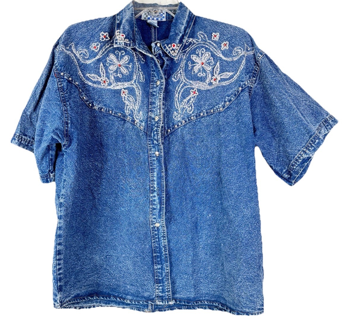 VTG Pretty Bleu Large Beaded Denim Button Shirt & Mom Jeans (26×26) Set GUC