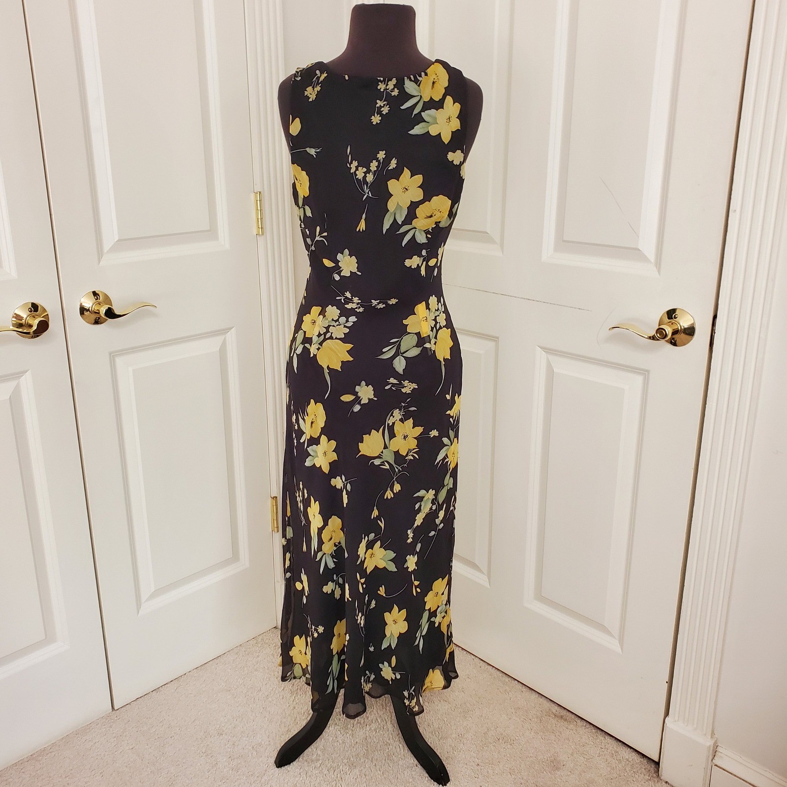Vintage 90s Cottagecore Floral Bias Cut Maxi Dress Black Yellow Sz 10 Studio I