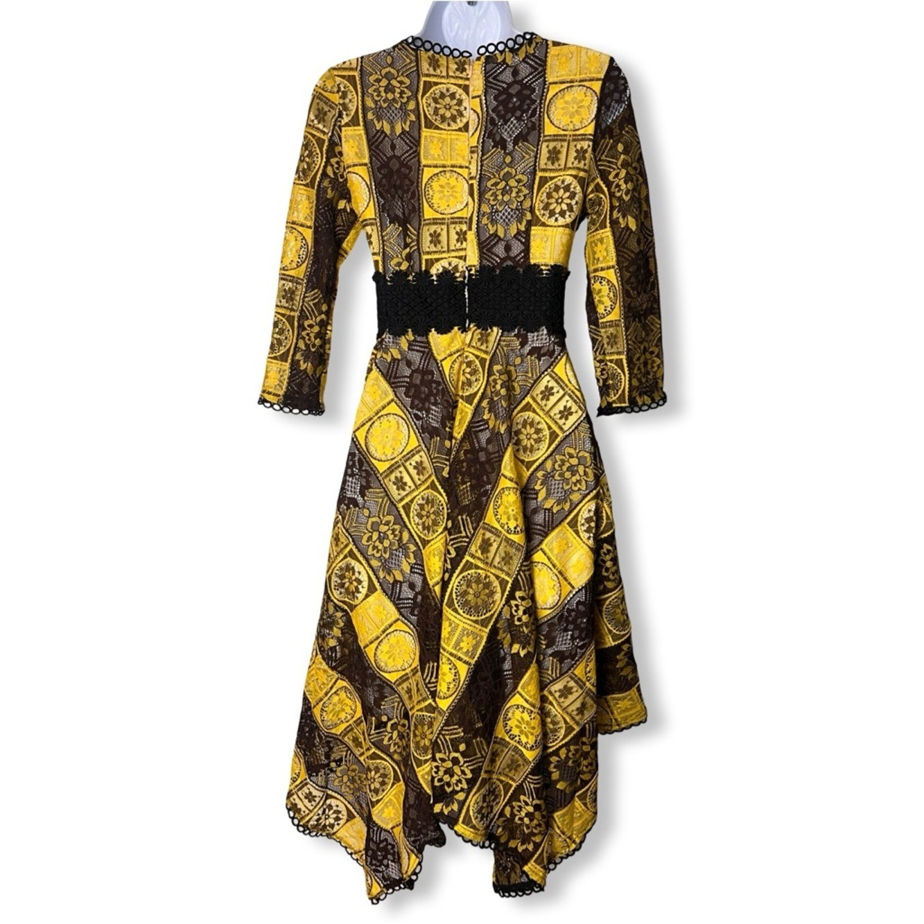 VTG 60s 70s Yellow Brown Lace Overlay Handkerchief Hem Midi Dress Sz S/M
