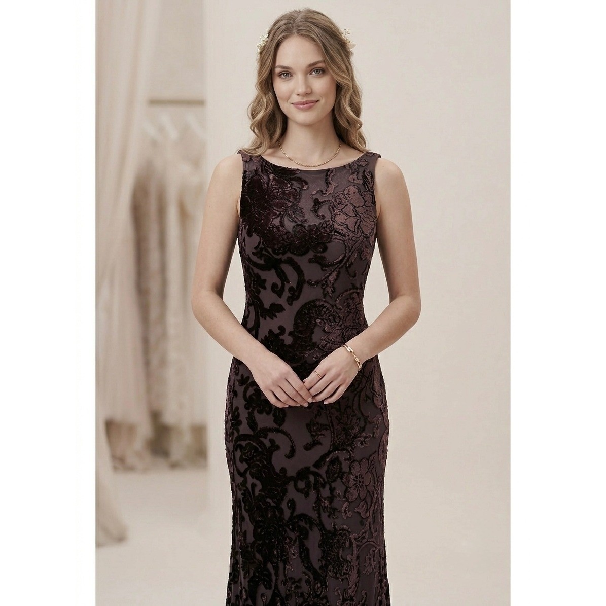 Unique Vintage Kay Unger Silk Burnout Velvet Gown Brown Cowl Back Maxi Dress 8
