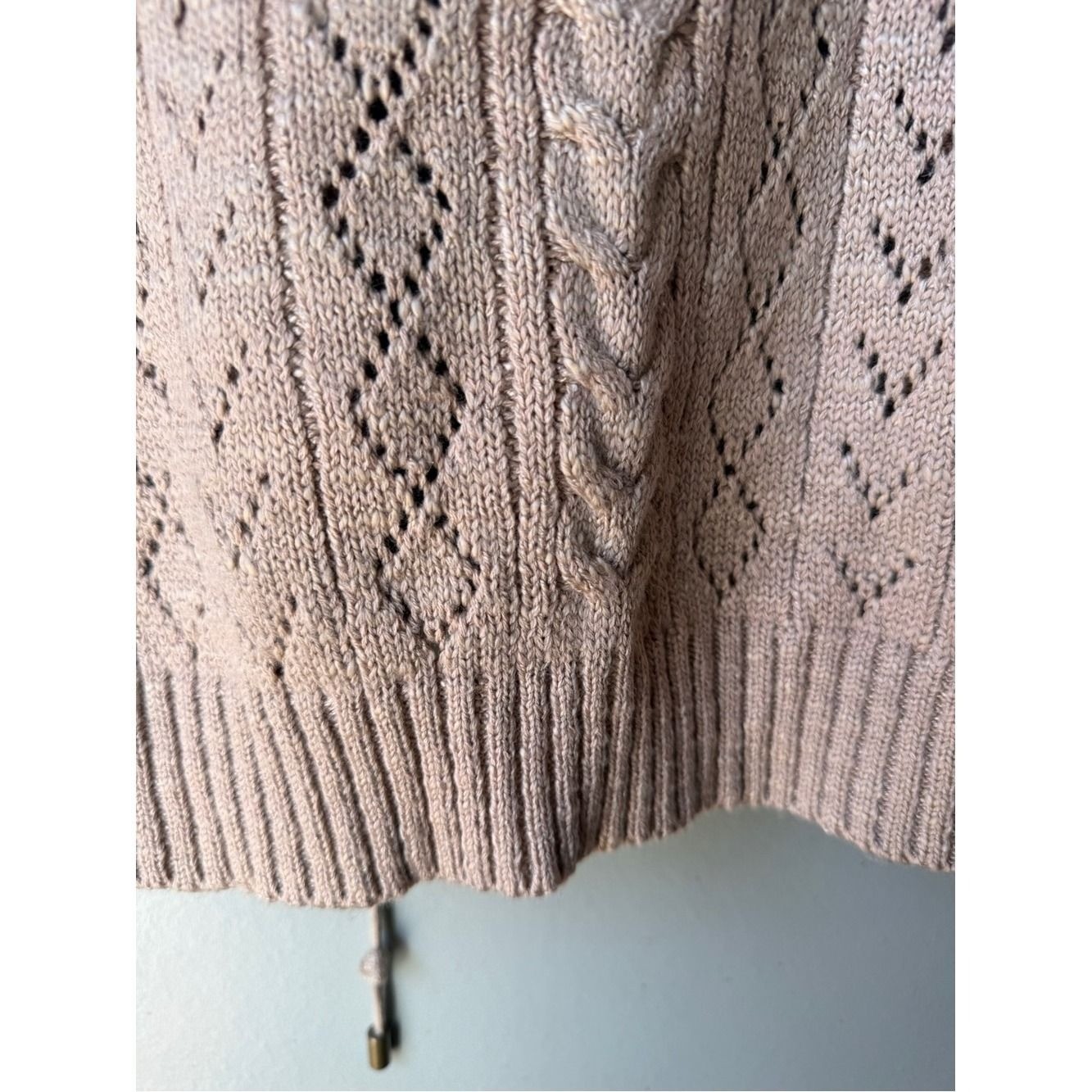 Boho Coquette Women’s Medium Pointelle Knit Lace-Up Sweater Blush Pink