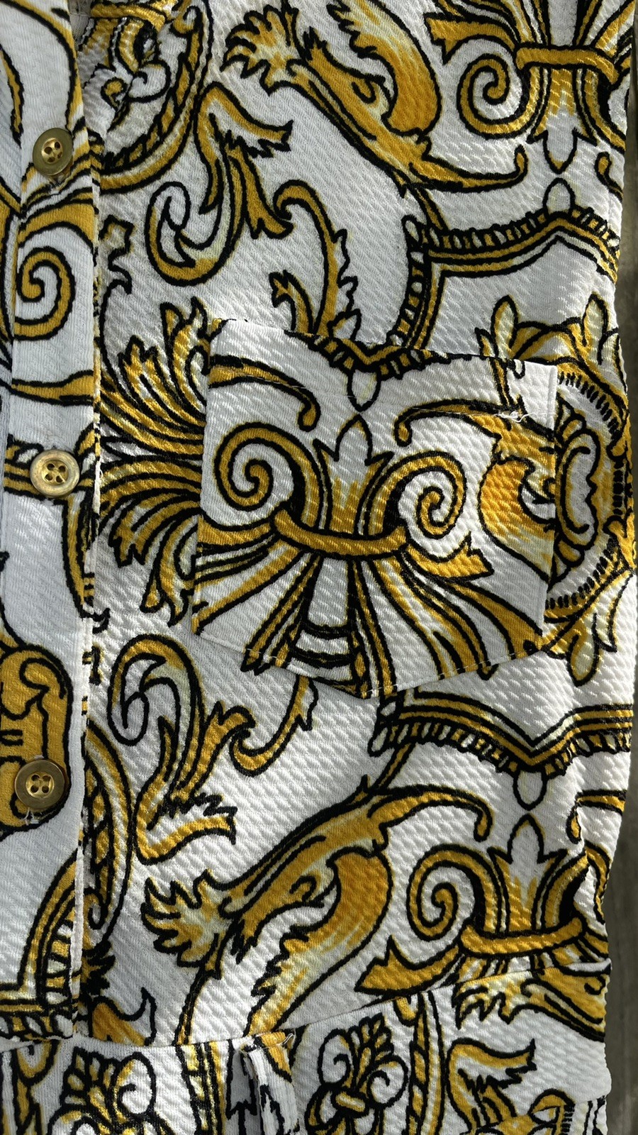 Vintage 70s Jumpsuit Wide Leg Palazzo Gold Psychedelic Baroque print – size M
