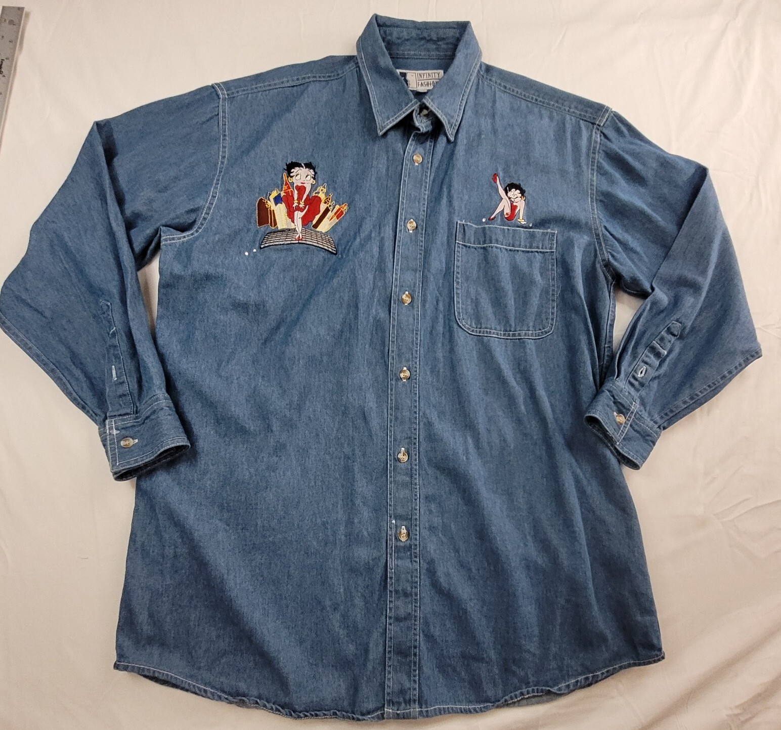 Vintage 90s Infinity Fashions Women Shirt Medium Denim Betty Boop Embroidered M
