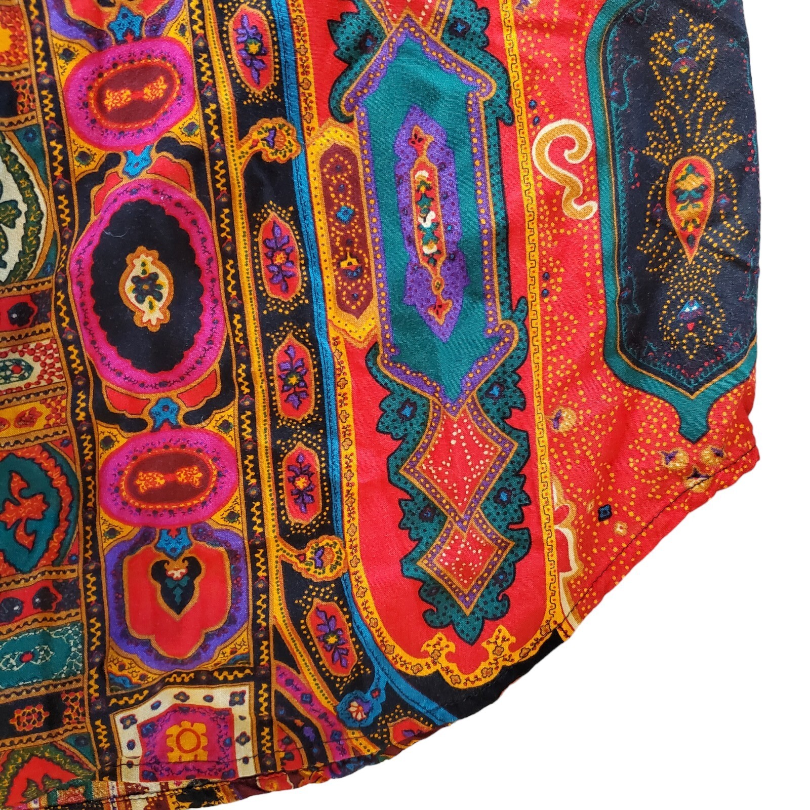 Vtg 80s 90s Colorful Abstract Paisley Blouse M/L Rayon Boho Button Up Red