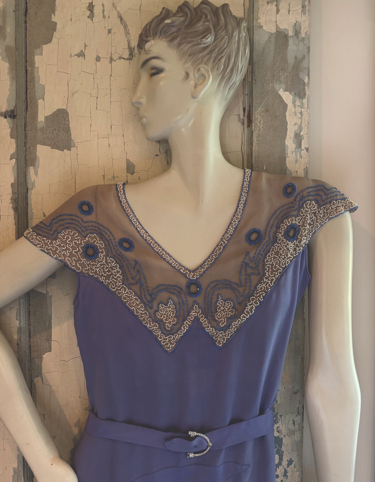 1930 NEVER WORN Vintage Periwinkle Beaded Dress Art Nouveau Deco 8-10 Excellent!