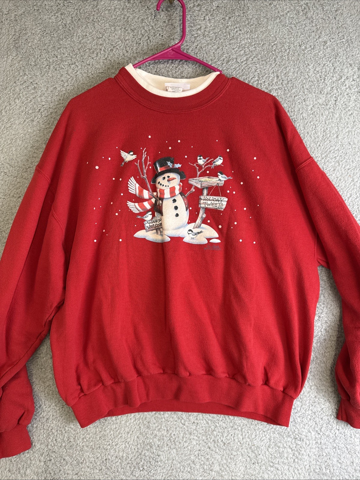 Morning Sun Vintage Crewneck Pullover Sweatshirt Large Snowman Birds Christmas