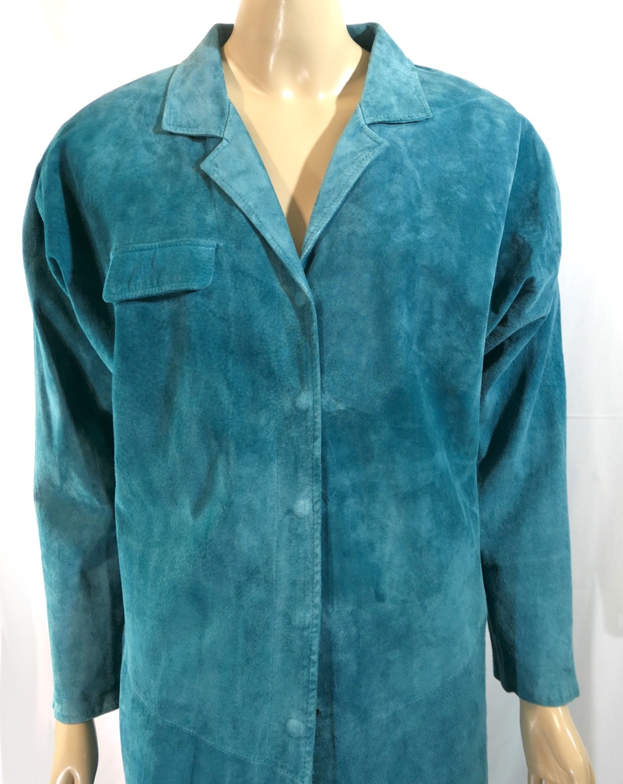 Vintage 80s pia rucci Turquoise Midi Suede Leather Duster Coat Jacket M w flaws