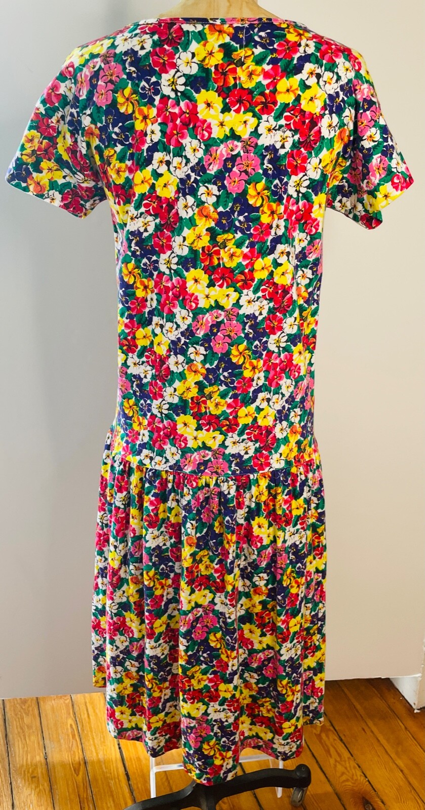 VTG 80’S-90’S RED BLUE YELLOW GREEN FLORAL PRINT DROP WAIST COTTON MIDI DRESS*S