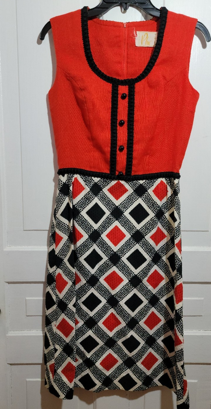 RARE MINT 60s/70s VTG Phool Ph Mod Midi Dress Red Geometric Sleeveless Cotton Sm
