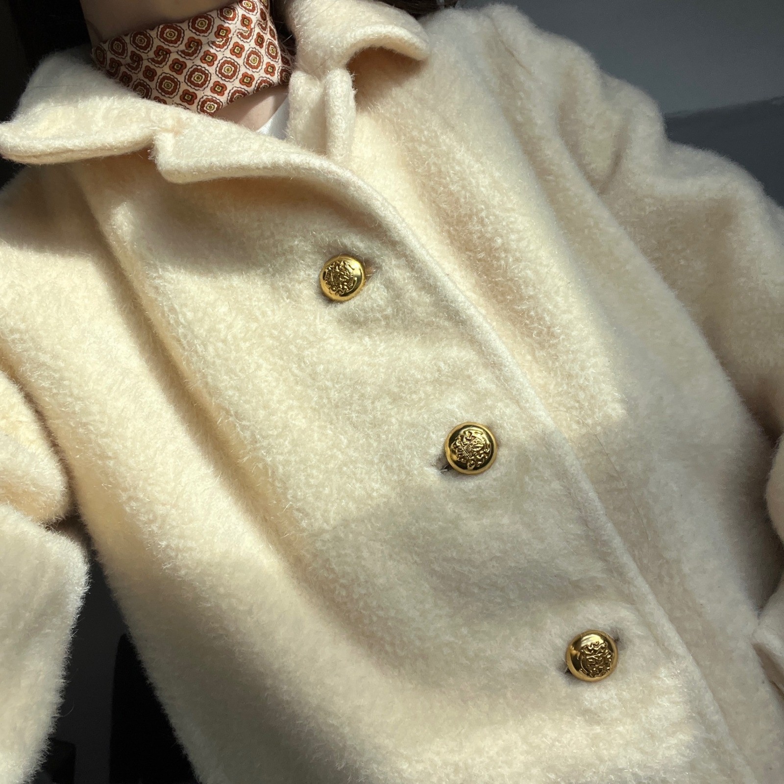 Vintage Wool Mohair Coat Cream Gold Button Textured Fuzzy Mod MCM Glam