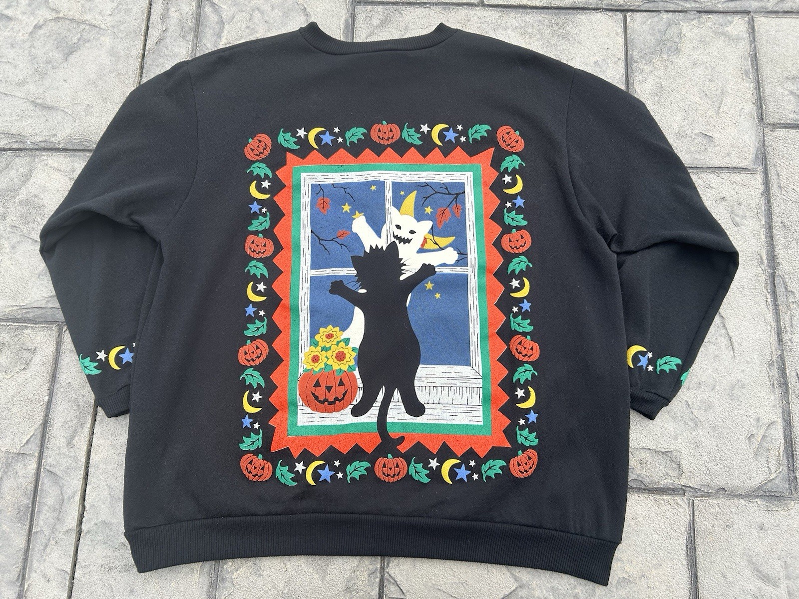 RARE Spumoni Black Cat Ghost Double Sided Black Halloween Novelty Sweatshirt 2X