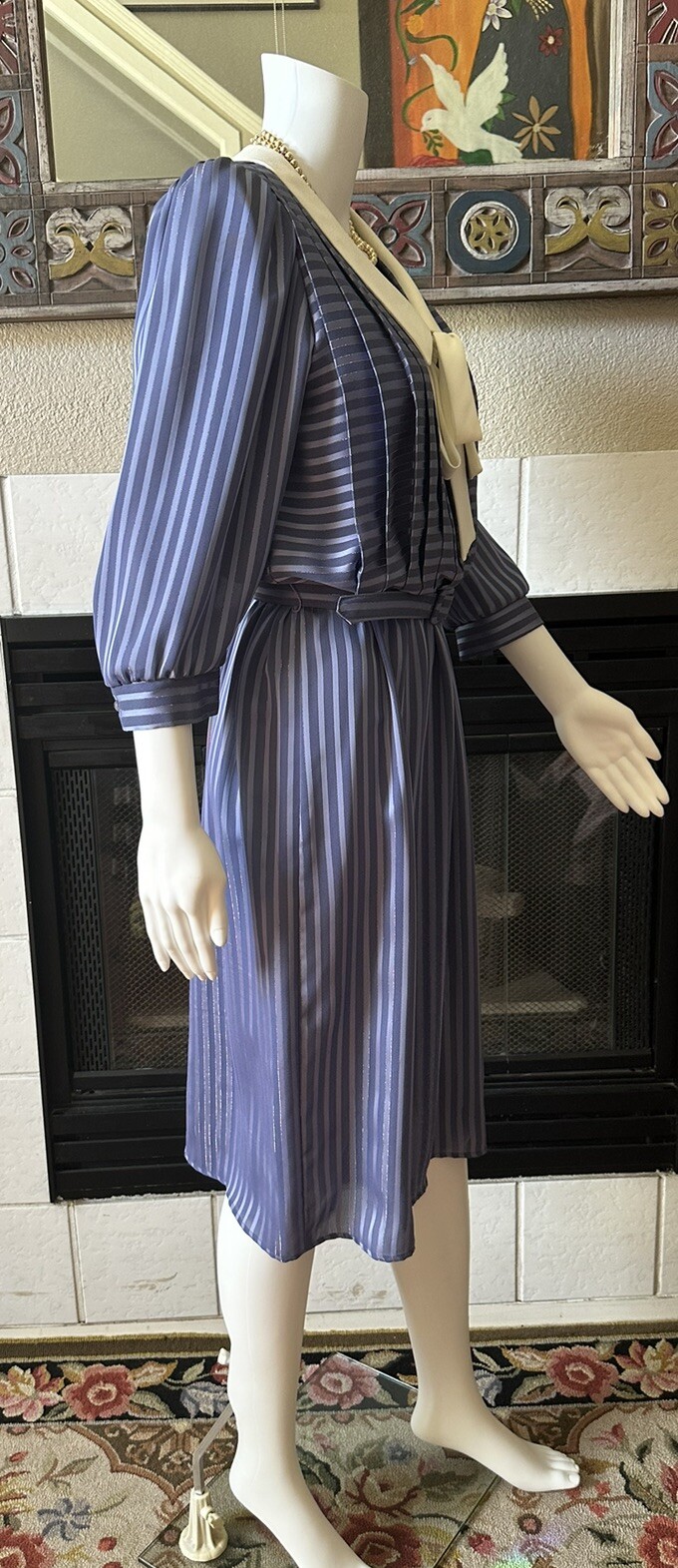Vtg 80s JSJ Belted Dress Womens Polyester Blue Dynasty Style 34” Bust 28” Waist
