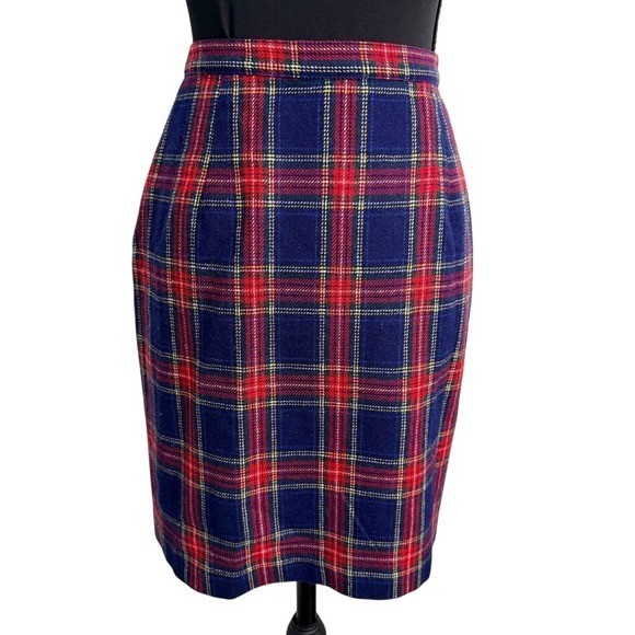 Jean-Du-Champ French Vintage Plaid Wool Pencil Skirt Navy Red Side Zip