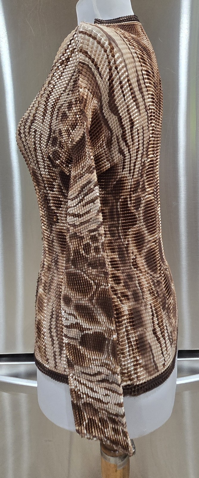 1990s Copper Sequined Earthtone Abstract Animal Print Crinkle Pleated Top S-XL