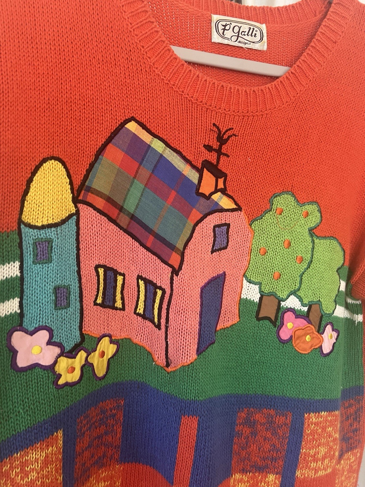 Vintage 90’s Farm Scene Appliqué/embroidery S Sl Red/ Green Etc P Galli Sweater