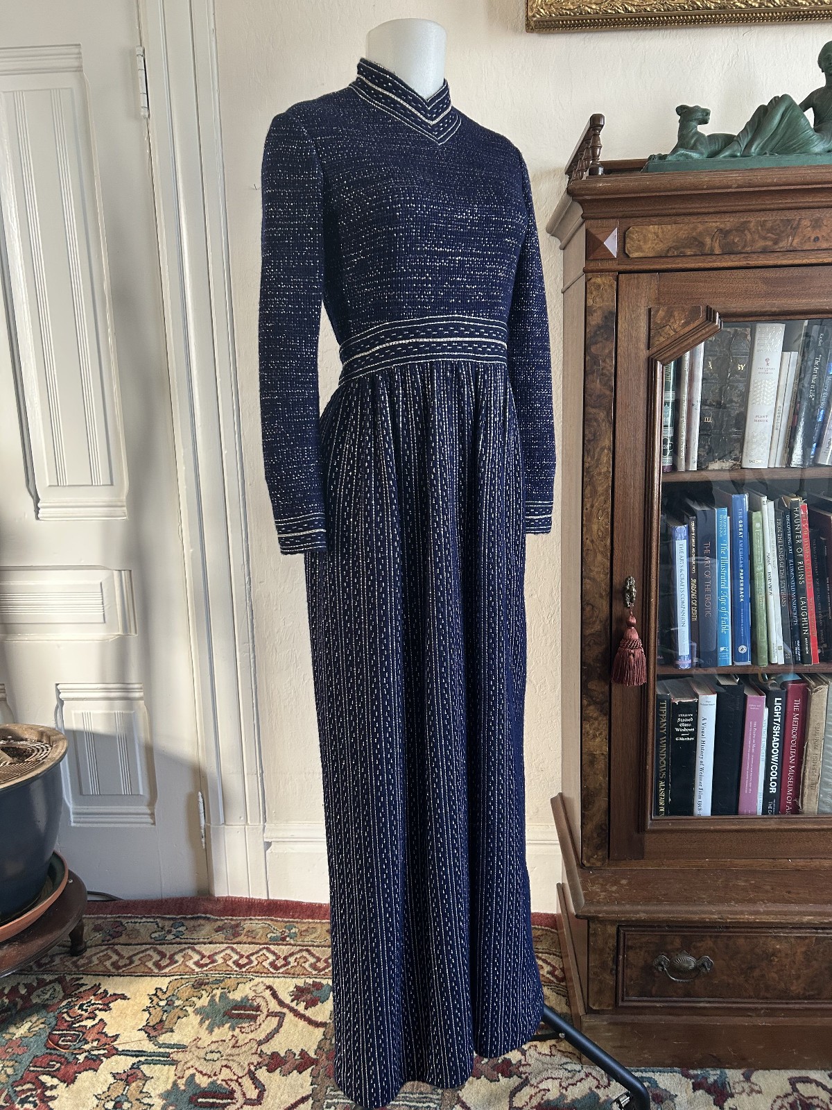 Vintage 60s 70s George Halley Rare Designer Blue & Silver Glitter Maxi Dress
