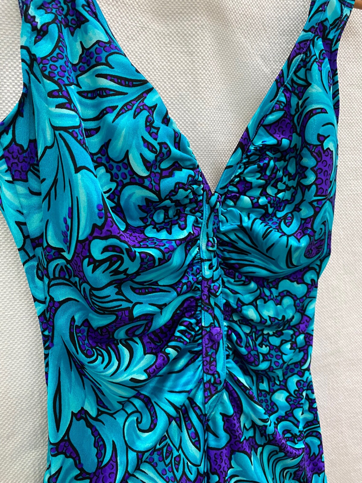 Vintage Le Cove Swimsuit, L, 1960s, Ruched, Teal Purple
