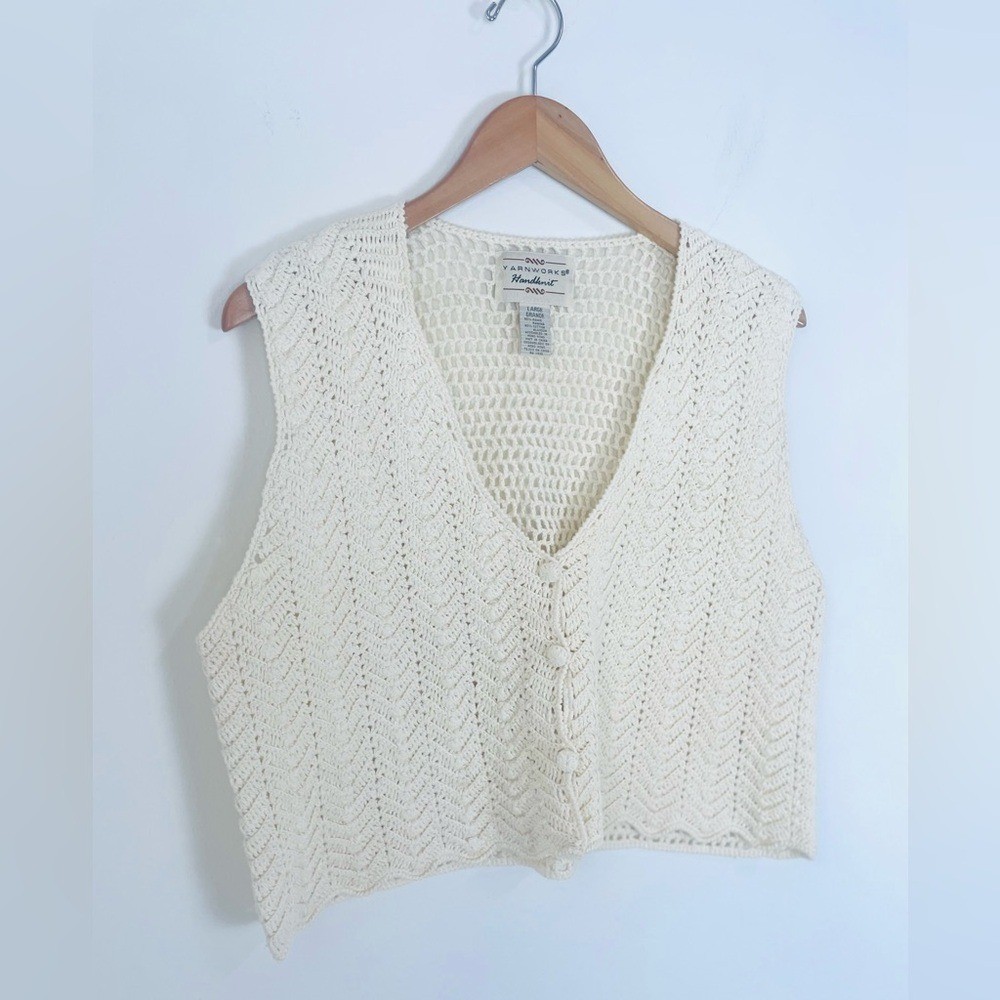 YARNWORKS Open Knit Sweater Vest Women’s Sz L Hand knit Ivory Hippie Boho