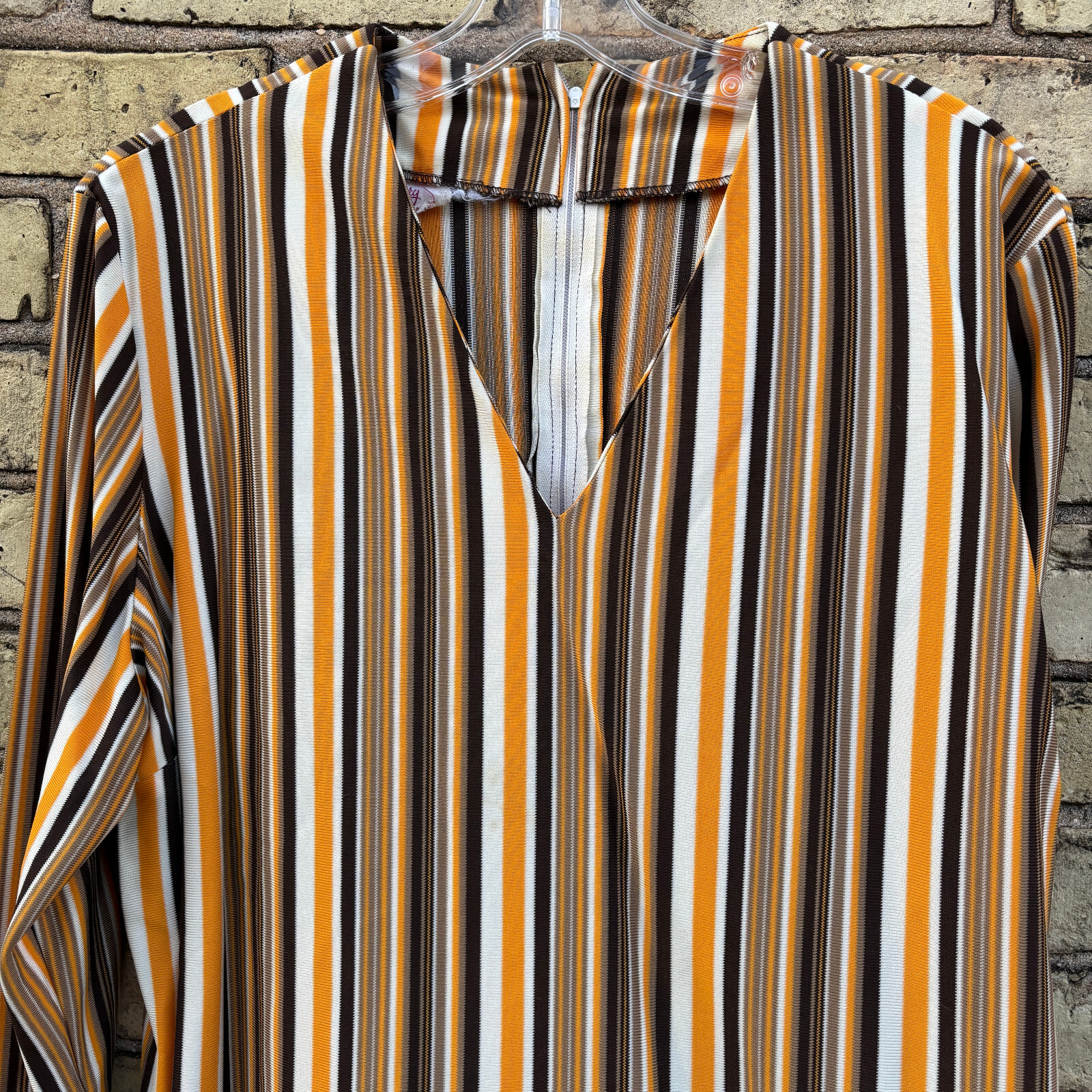 Vintage 1970s Striped Gold, Black & White Stripe V Neck Tunic Top 44 Carol Henry