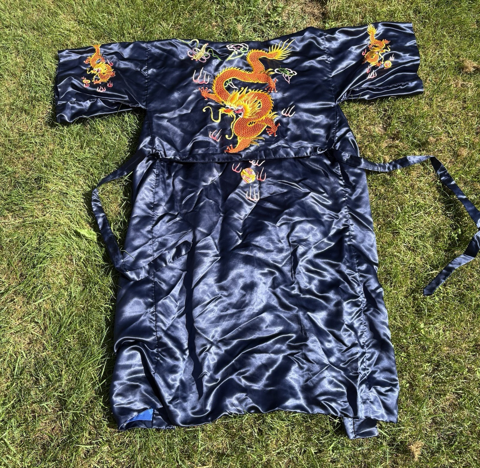 Golden Bee Vintage Navy DRAGON EMBROIDERED Rayon Satin DRESSING ROBE KIMONO S