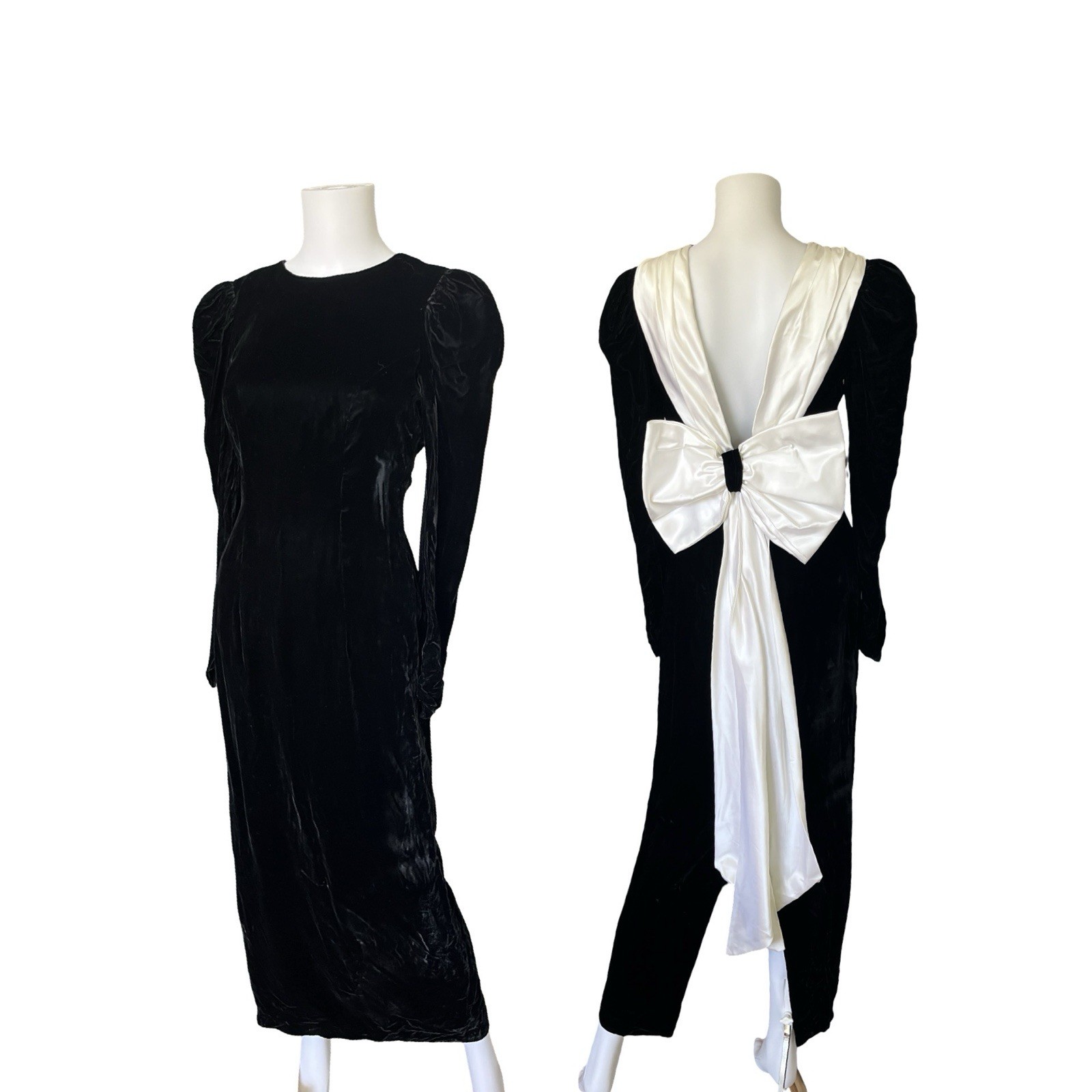 Vintage 80s Black Velvet Dress with White Bow Back Prom Event Womens