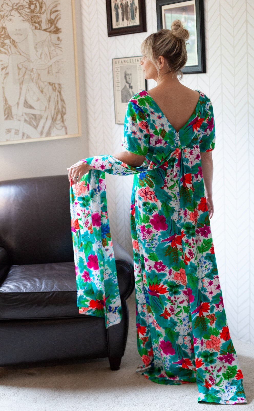 70s Vintage Hawaiian Tropical White Lotus Pink Green Floral Full Length Gown