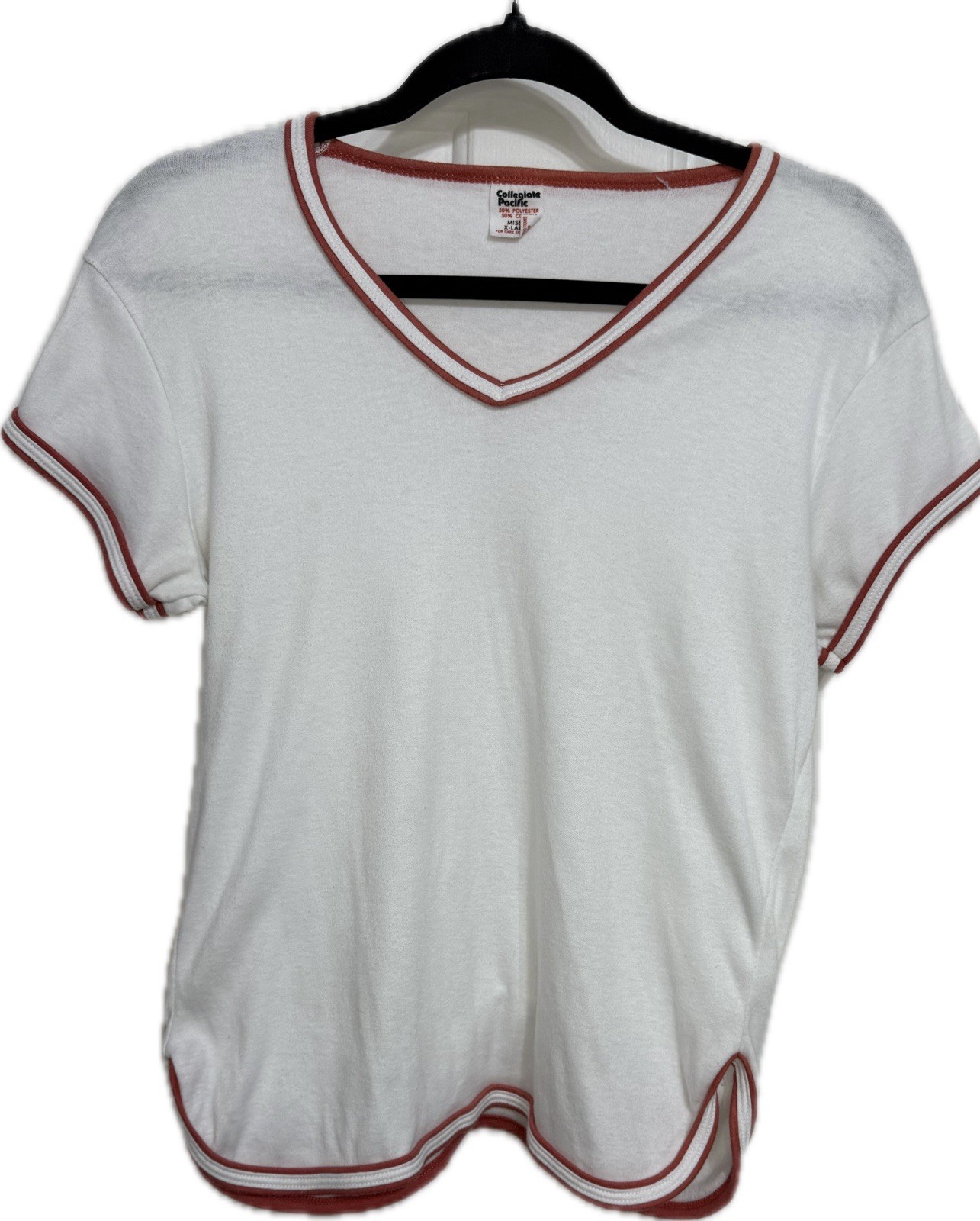 VTG 70s Women’s Misses XL Top White Cotton Red Trim Collegiate Pacific