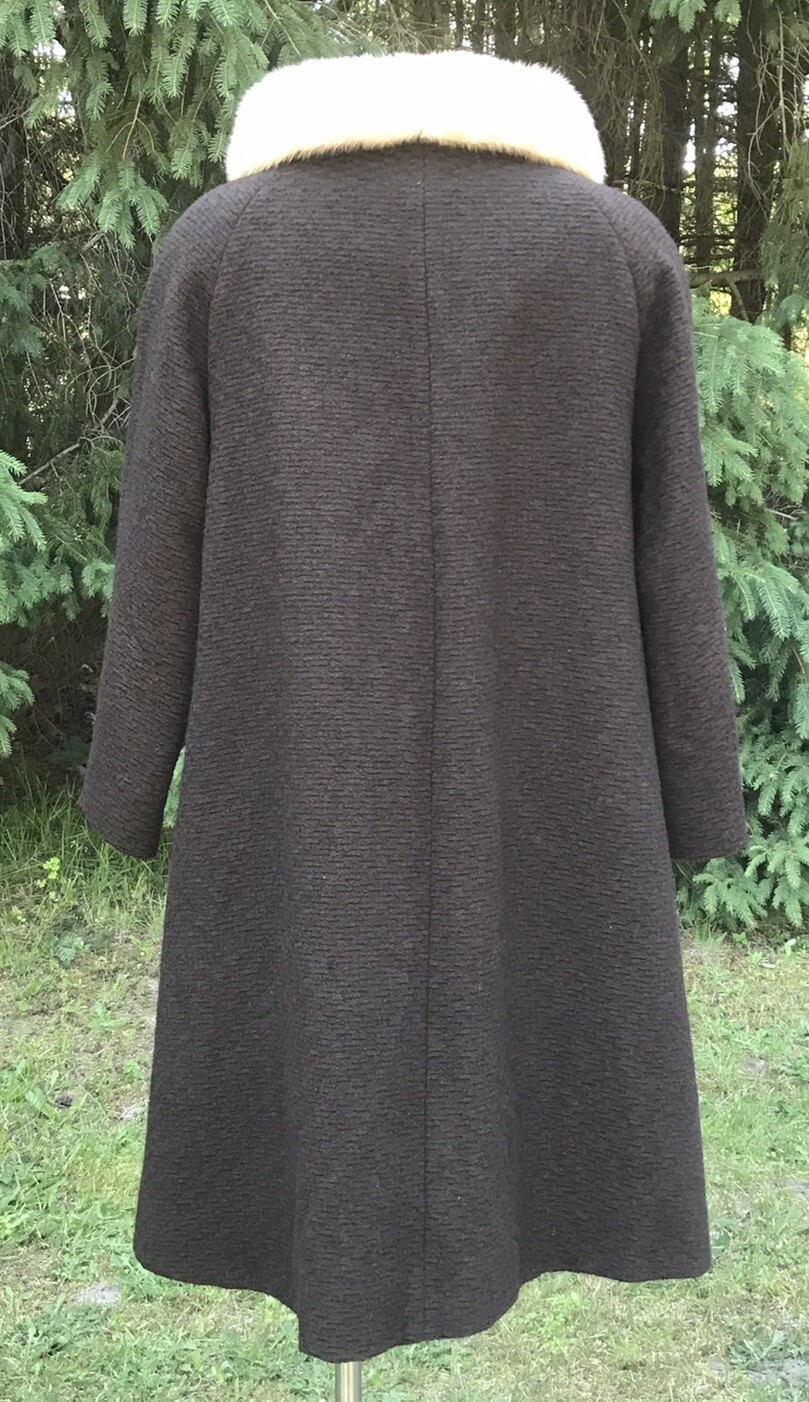 1950s John Wanamaker Brown Wool White Fox Fur Coat Swing Coat