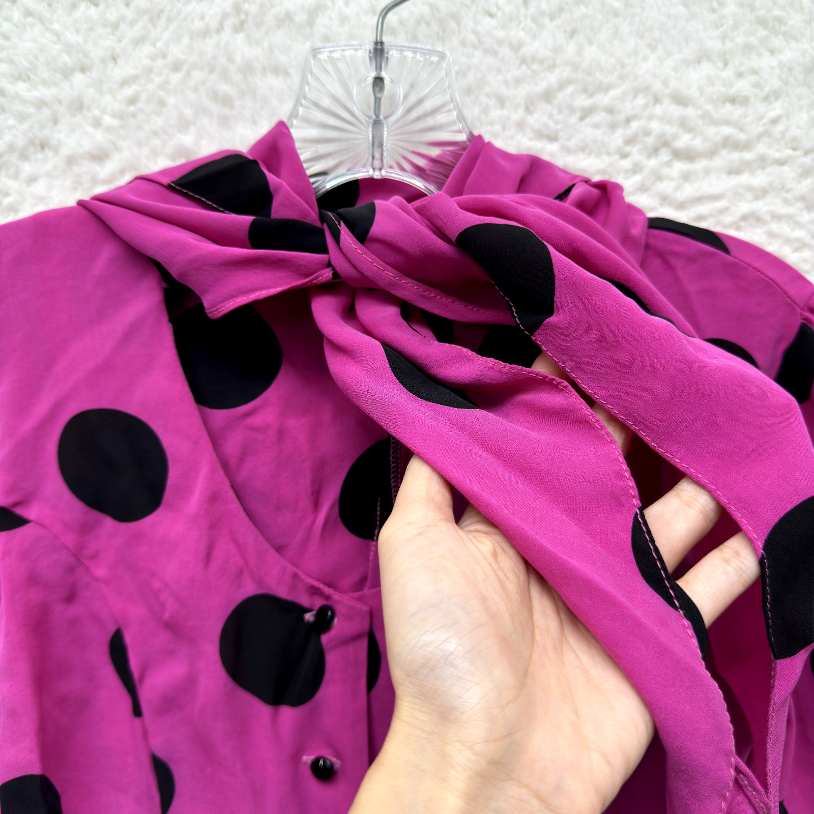 90s Y2K Vintage Anna Sui Top Blouse Small Silk Neck Tie Pink Black Polka Dot