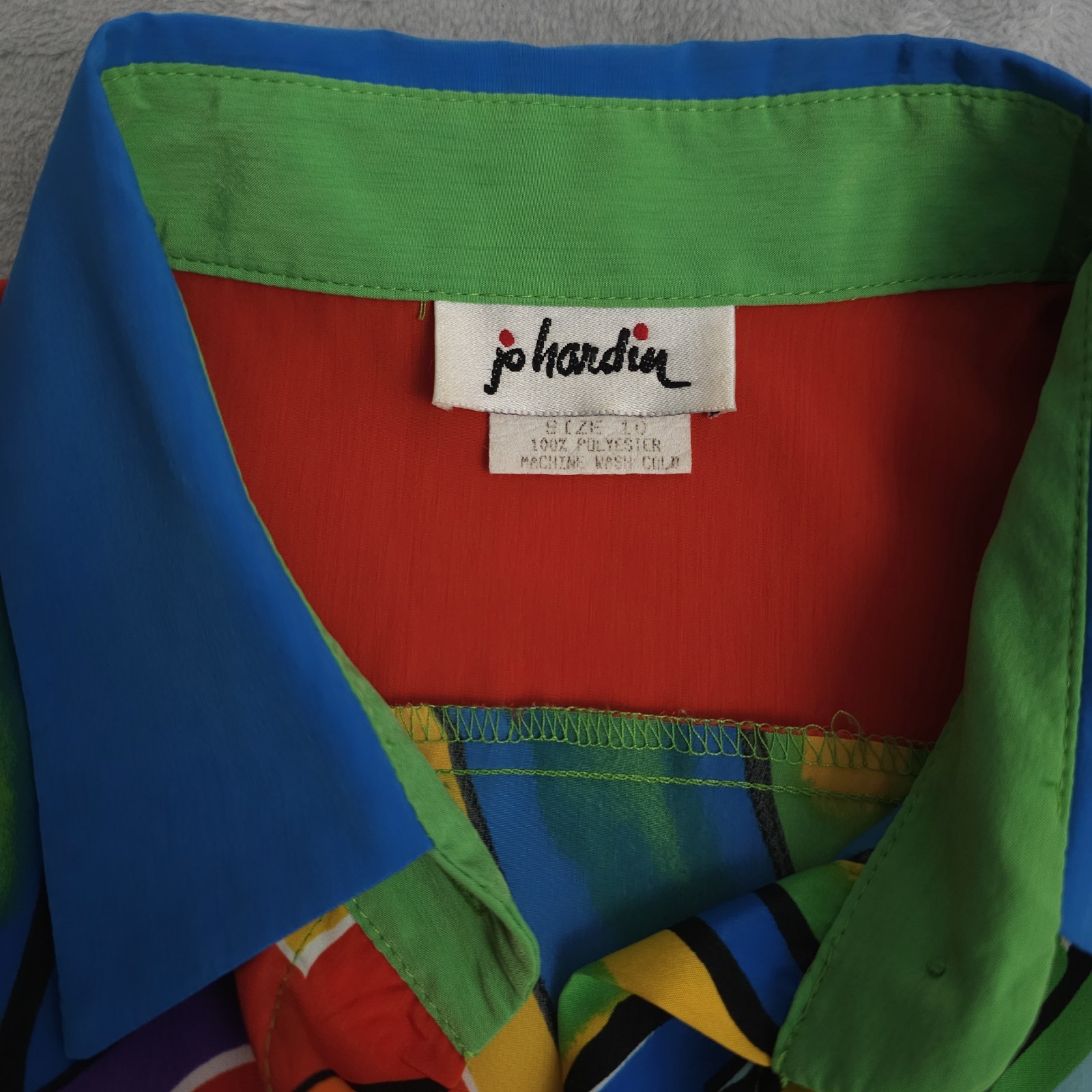 Vtg Bold Colorful Blouse 1980s Travel Novelty Print USA Med Lrg Big Button Silky