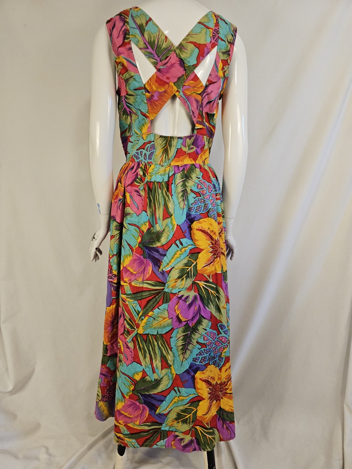 90s Vintage Dress Peek Hole Back Tropical Print Button Front Flare Pockets M