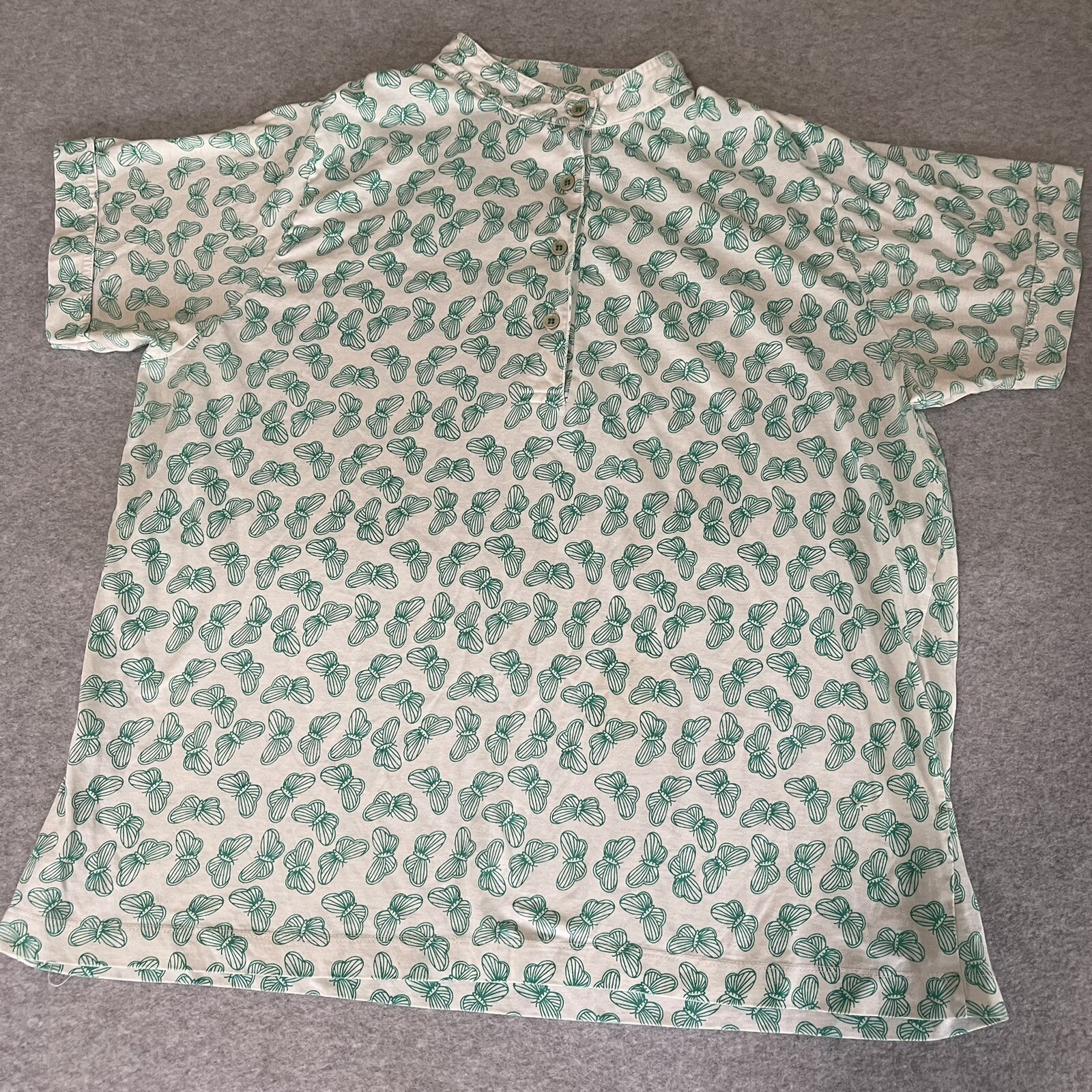 Vintage Barry Ashley Butterfly Women 40 Large T-Shirt White Teal Button Y2K