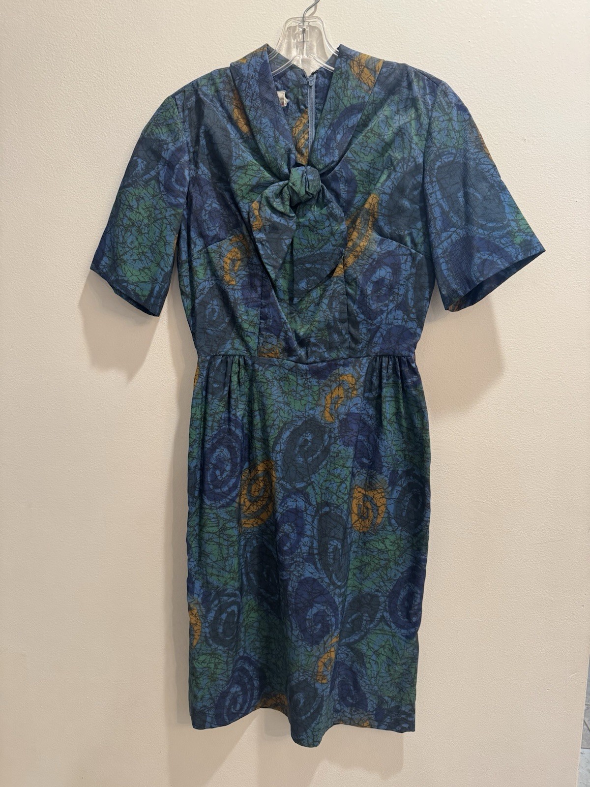 VTG 1960s Secretary Midi Dress Navy Ochre Green Mad Men MCM Geek Retro Wiggle